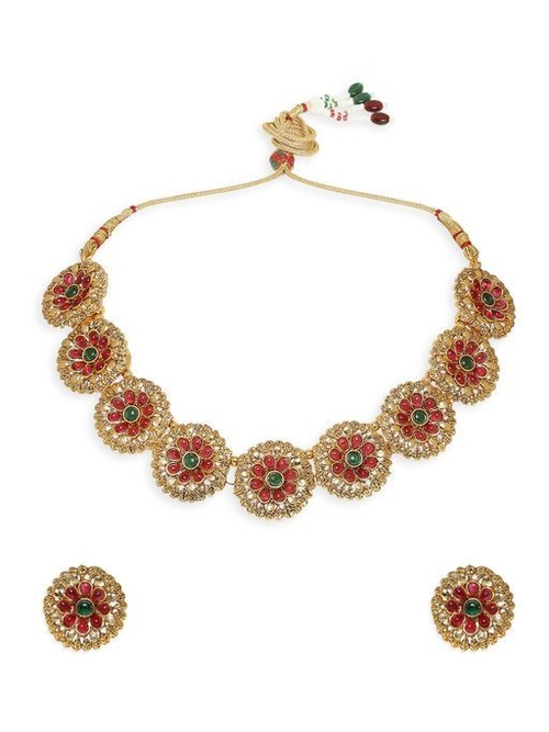 Antique Gold Tone Red & Green Stones Necklace Set with Drop Earrings