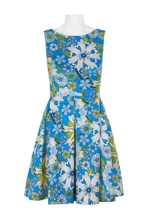 Taylor Boat Neck Sleeveless Pleated Zipper Back Floral Print Ponte