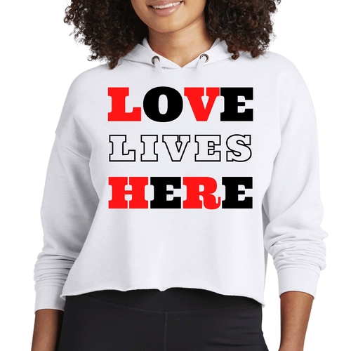 Womens Cropped Hoodie Love Lives Here Christian Red Black Illustration