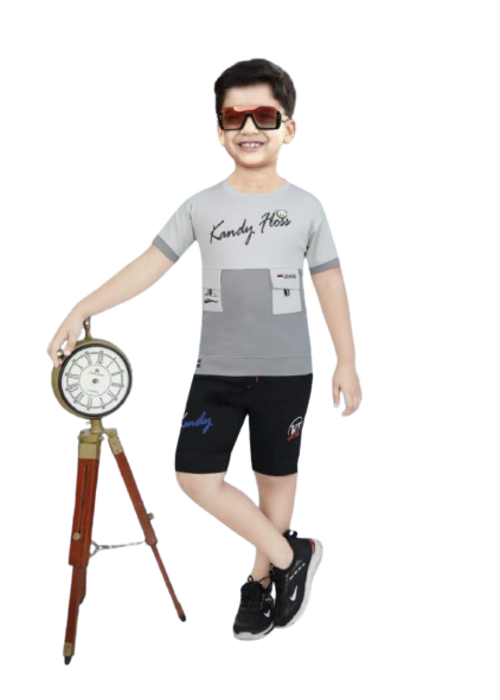 Kids Grey and Black Cotton Round Neck Tshirt with Shorts