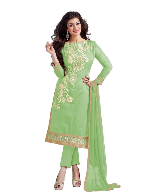 Women's Green Chanderi Embroidered Dress Material