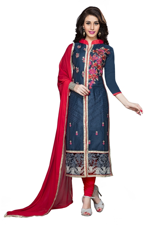 Blue Cotton Embroidered Straight Suit Material