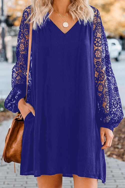 Blue Lace Long Sleeves Shift Above Knee Dress