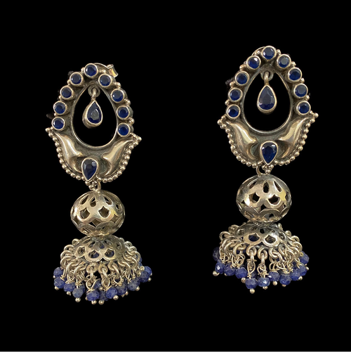 Blue Stone Flower Silver Studs with Jaali Jhumka