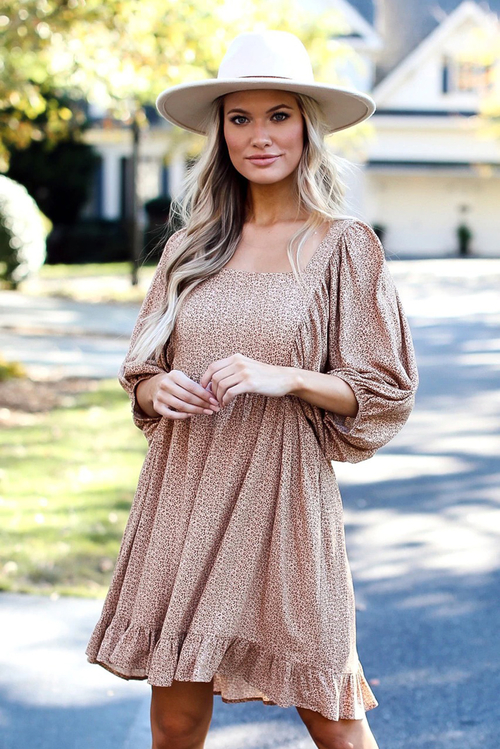 Khaki Leopard Puff Sleeve Ruffled Mini Dress