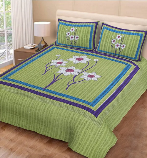 Green Jaipuri Cotton Double Badsheet with Two Pillow Cover (Size