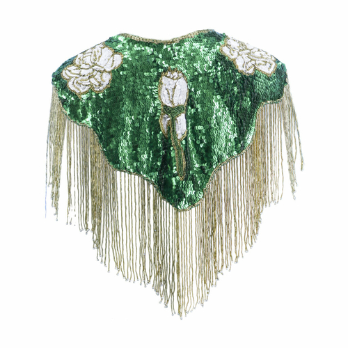 Western Fashion 1029 Beaded Shawl with Roses, Green & White