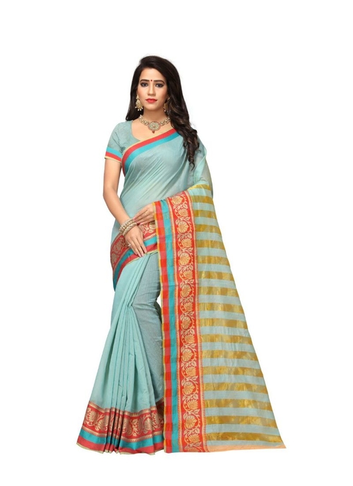 Generic Women's Cotton Silk Saree(Sky Blue, 5.5-6