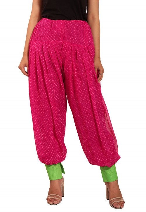 Leheriya Printed Georgette Alladin Pant in Fuchsia (Size-34)