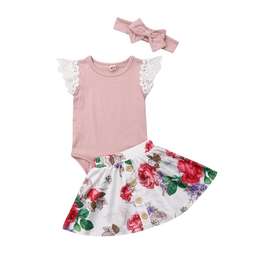 Newborn Baby Girls Lace Tops Romper Floral Skirt