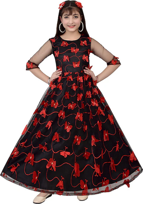 Girls Pleated Full Length Party Dress Red Half Sleeve (Size-6-7YEAR)