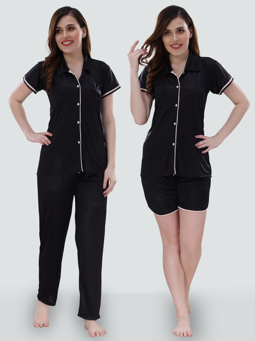 Romaisa Women's Satin Solid Black Top and Pyjama with Shorts
