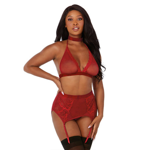 Dreamgirl Fishnet and Lace Four-Piece Set With Stretch Velvet Trim