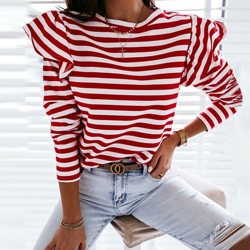 Causal Long Sleeve Red White Striped Tops For Female Autumn Winter