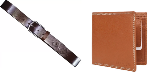 Genuine Leather Belt & Casual Tan Artificial Leather Wallet Pack of 2