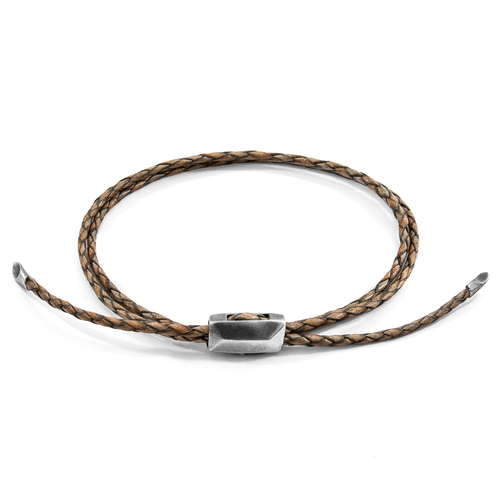 Taupe Grey Edward Silver and Braided Leather SKINNY Bracelet