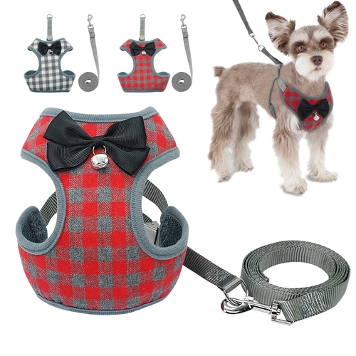 Breathable Cat Dog Harness Leash Set Bowknot Plaid
