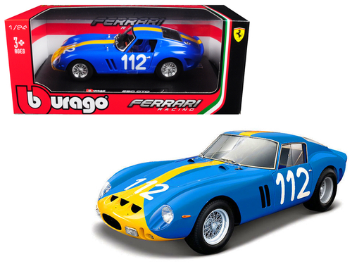 Ferrari 250 GTO #112 Blue with Yellow Stripe 1/24 Diecast Model Car by