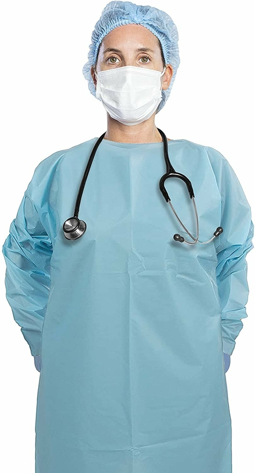 Disposable Isolation Gowns 47". Pack of 25 Blue Disposable Gowns