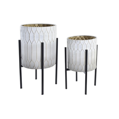 Set of pots DKD Home Decor Black Golden Metal White Bicoloured Modern