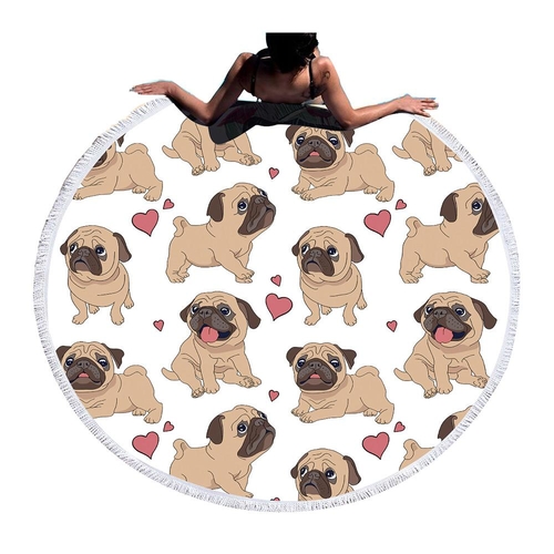 Hipster Pug Tassel Tapestry Cartoon Round Beach