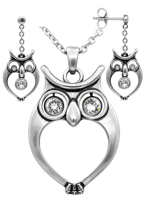 Watchful Owl Necklace & Earrings Set with Crystals