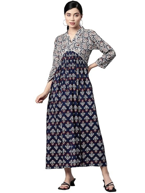 Rayon Paisley Print A-Line Dress (Size-XL) (COLOR-BLUE)