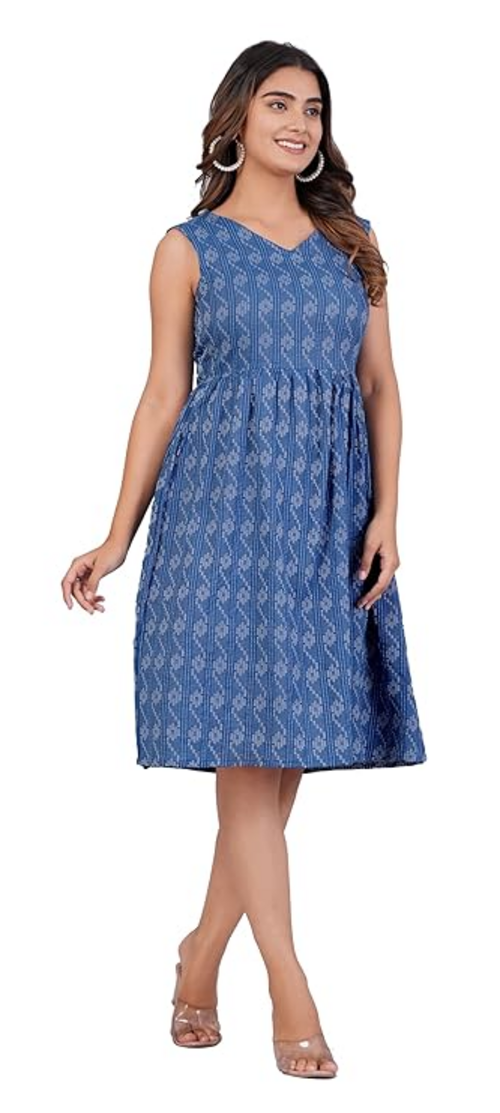 Women Skater Light Blue Katha Printed Cotton Dress size M