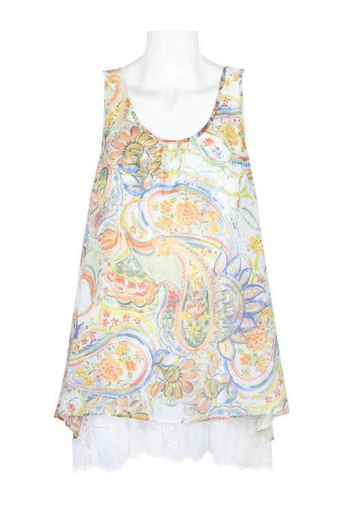 Carre Noir Scoop Neck Piping Detail Sleeveles Keyhole Back Multi Print