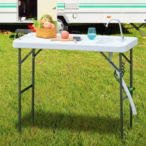 Outsunny Outdoor Folding Table with Sink and Faucet Organized Fishing