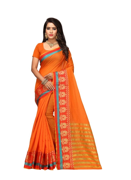 Generic Women's Cotton Silk Saree(Orange, 5.5-6