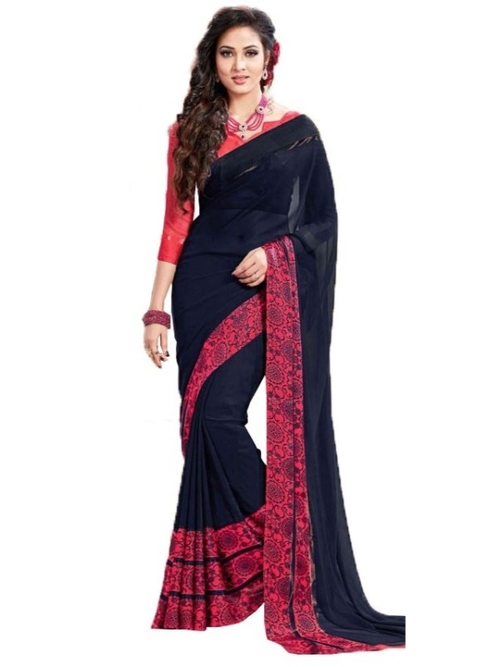 Georgette Digital Saree With Blouse-Navy Blue 