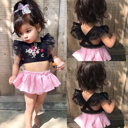 Toddler Baby Girl Print Lace Embroider Backless