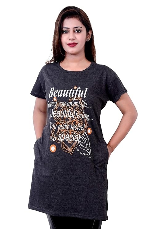Women's Printed Pocket Long T-Shirt Navy Blue