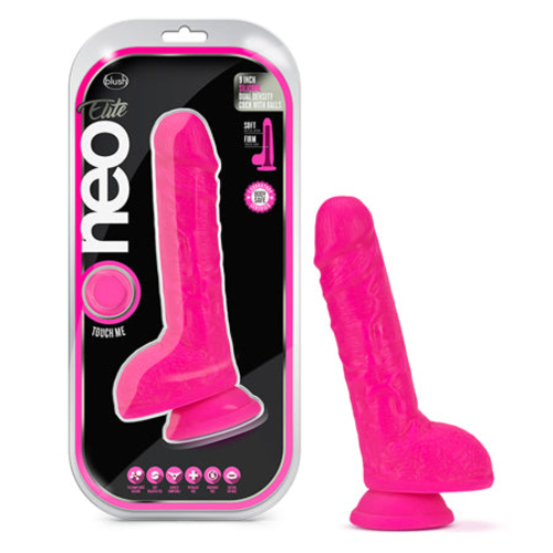 Blush Neo Elite 9 in. Silicone Dual Density Dildo with Balls & Suction