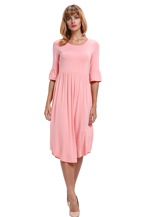 Pink Ruffle Sleeve Midi Jersey Dress