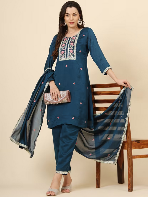 Women Embroidered Kurta Pant With Dupatta Suit Set (Size-M)