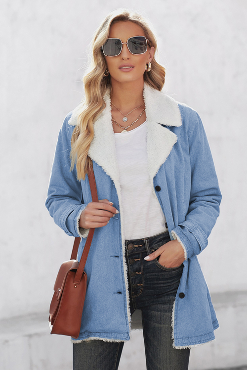 Sky Blue Lapel Collar All Denim Wool Warm Coat