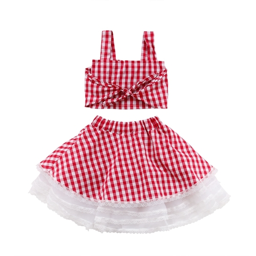 Kids Baby Girls Lace Plaid Crop Tops Skirt