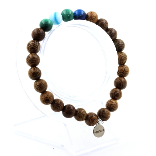 Malachite + Blue banded Agate + wood Bracelet 8 mm Beads.