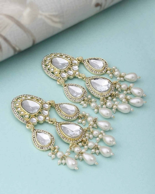 Women Stone-Studded Dangler Earrings (Color-WHITE&GOLDEN)