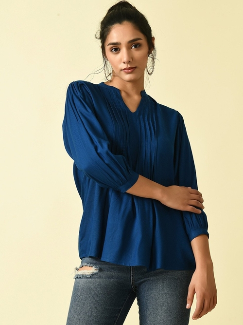 Women Mandarin Neck Rayon Top (Color Royal Blue) (Size M)