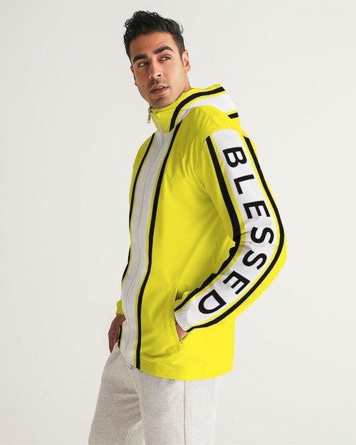 Mens Hooded Windbreaker - Blessed Sleeve Stripe Yellow Water Resistant