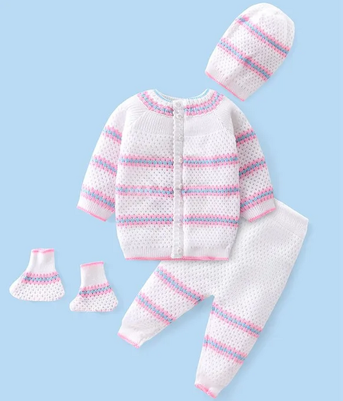 Knitted Full Sleeves Sweater Set with Striped Design Cap & Booties 