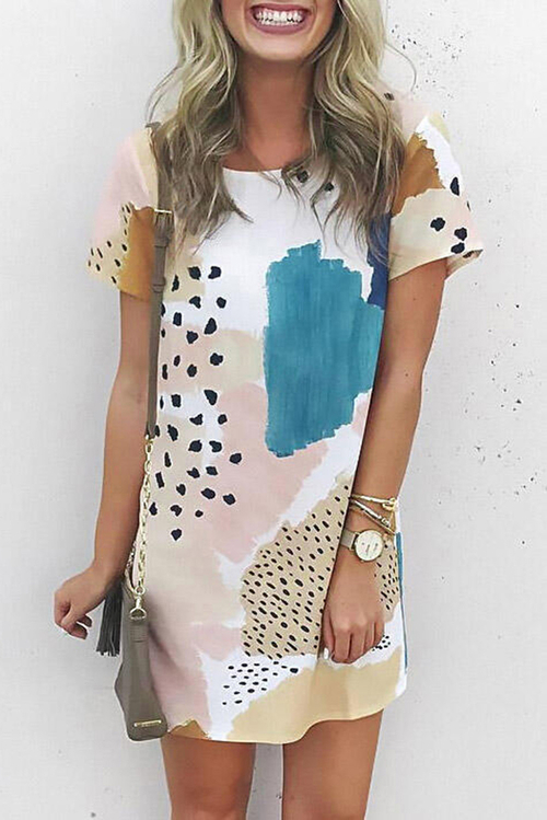 Light Blue Leopard Splicing Color Block Mini Dress