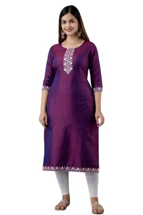 Women's Purple Taffeta Silk Embroidered Kurta Size L