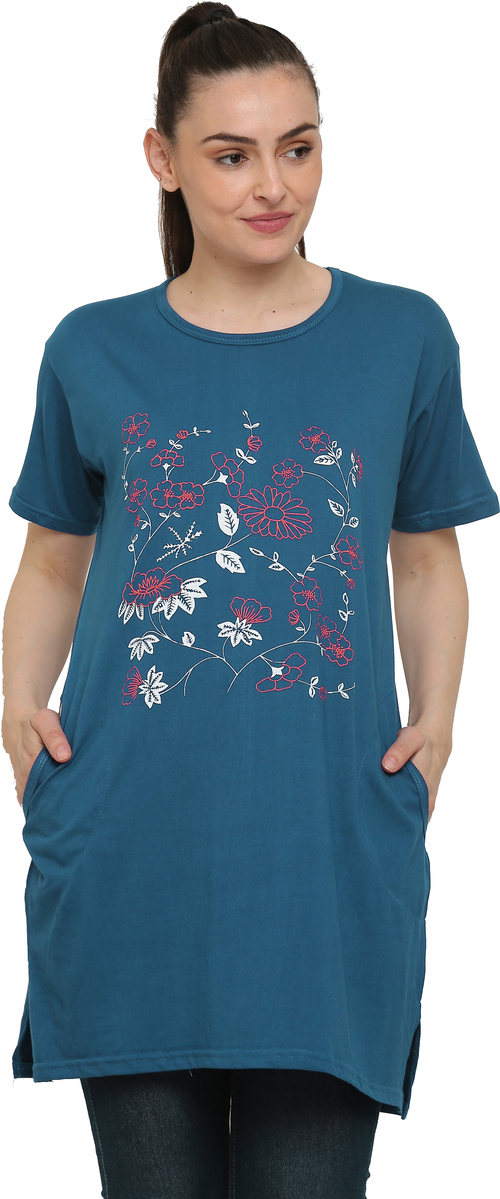 Women'S Round Neck Cotton Printed Long Tshirt (Size-Xl) (Color-Indigo)