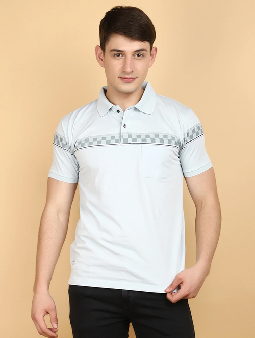 Men Polo Neck Block Printed T-Shirt (Size-M) (Color-White)