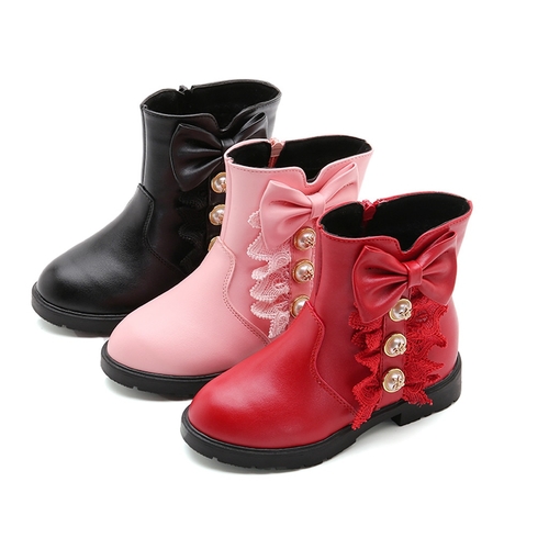 Children Girls Butterfly Knot Shoes Pu Leather