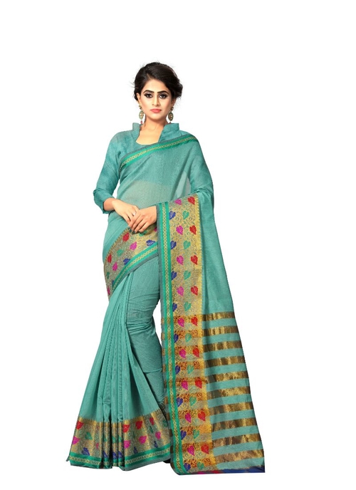 Generic Women's Cotton Silk Saree(Teal, 5.5-6 Mtr)
